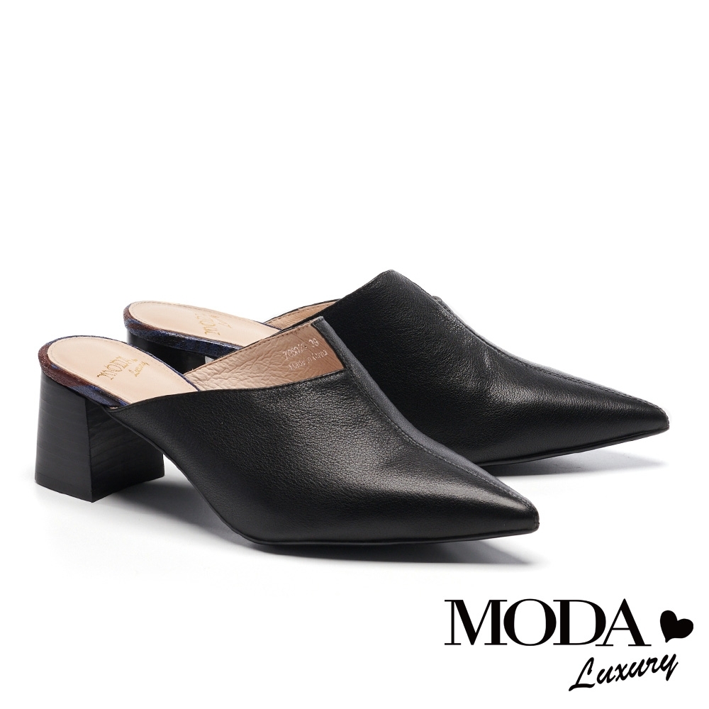 拖鞋 MODA Luxury 不對稱剪裁素面牛皮尖頭高跟穆勒拖鞋－黑