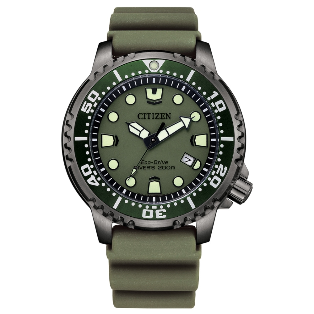 CITIZEN PROMASTER 率性軍綠潛水200光動能橡膠腕錶BN0157-11X