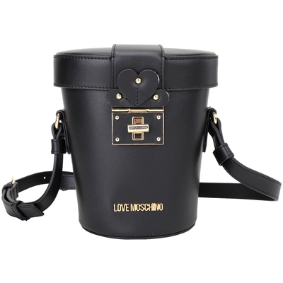 LOVE MOSCHINO 轉扣設計牛皮掀蓋斜背水桶包(黑色)