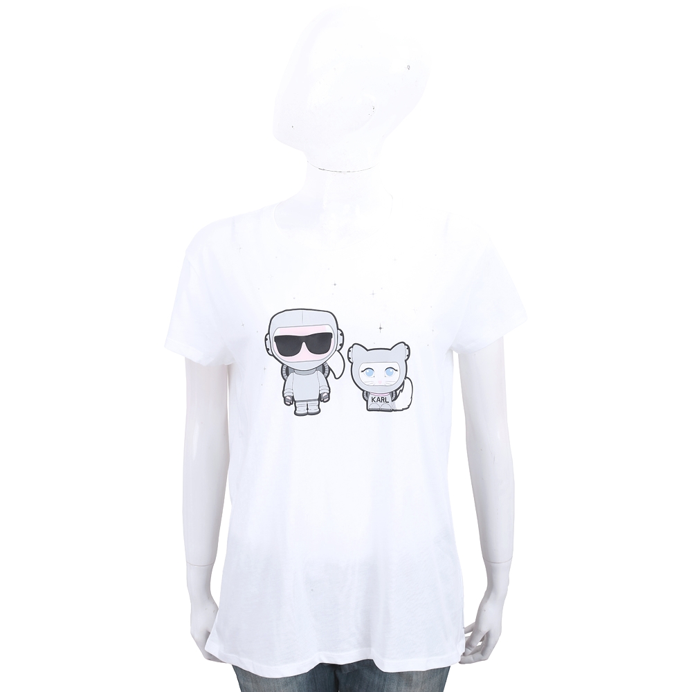 KARL LAGERFELD 膠囊系列 卡爾和貓太空造型圖案白色棉短T恤