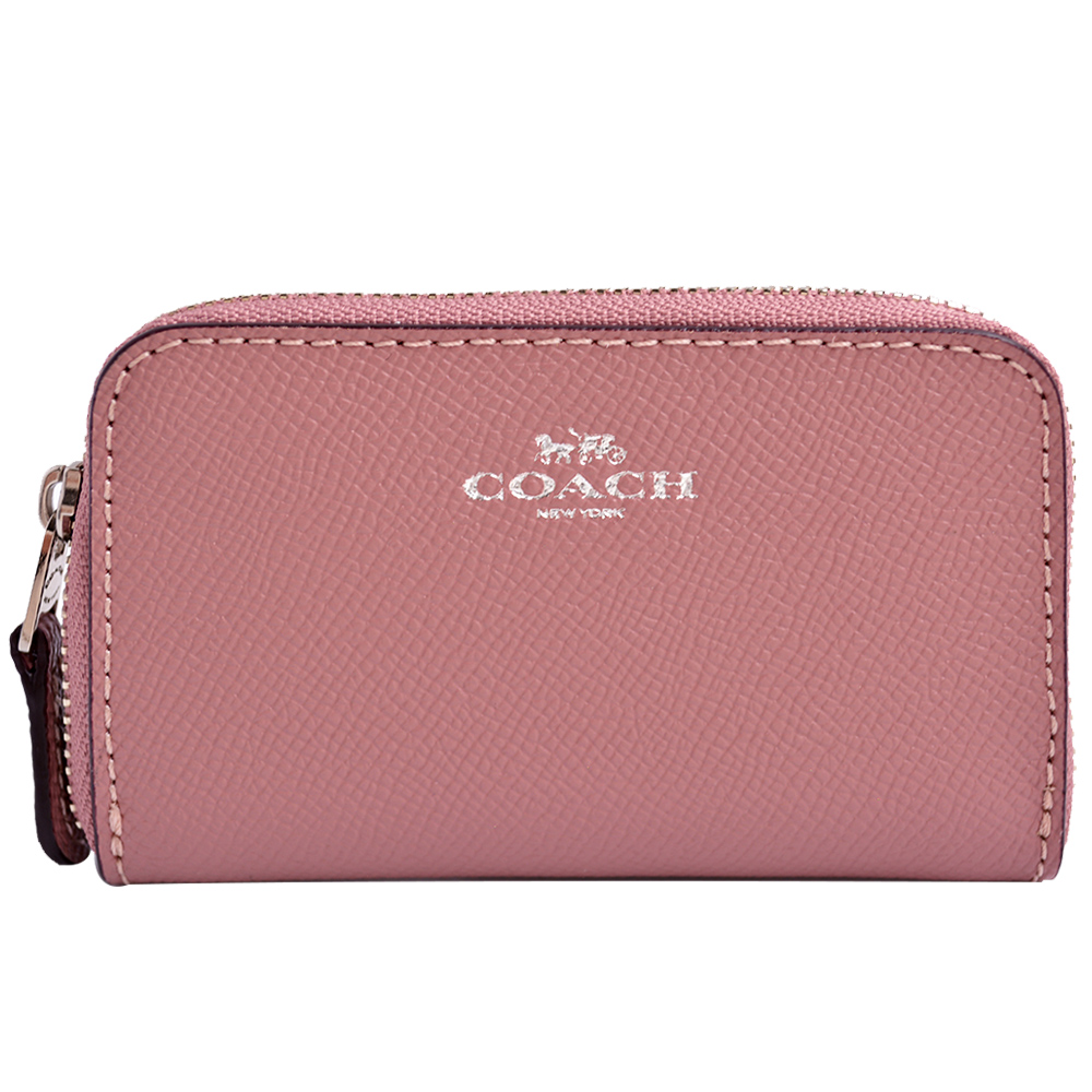 COACH 燙銀LOGO防刮全皮革拉鍊名片夾/零錢包-藕紫粉