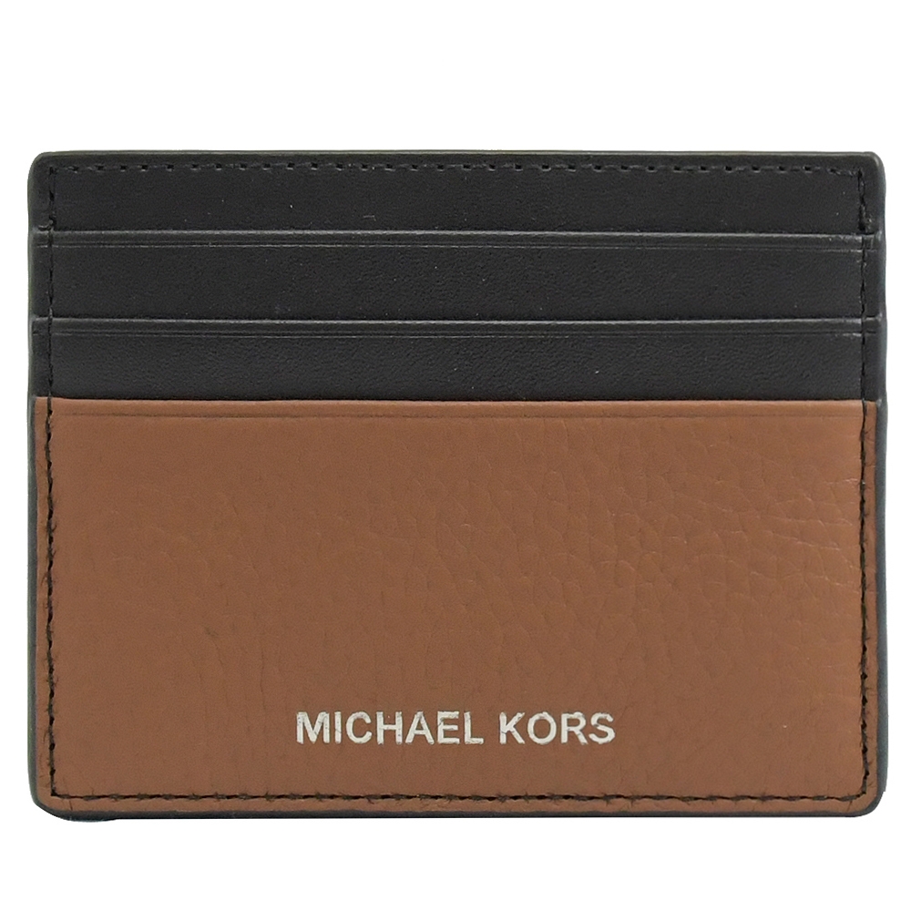 MICHAEL KORS COOPER 燙銀LOGO撞色牛皮簡易卡片夾(黑/咖)