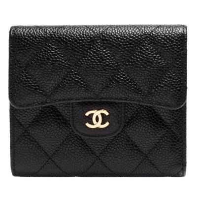 CHANEL 經典金色雙C LOGO菱格粒紋牛皮釦式三折短夾(黑)