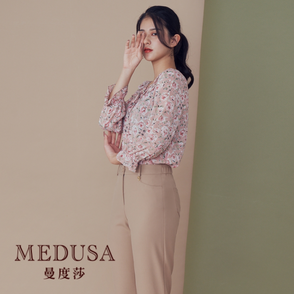 現貨【MEDUSA 曼度莎】粉紅寬領玫瑰雪紡上衣（M-2L）｜女上衣 加大尺碼