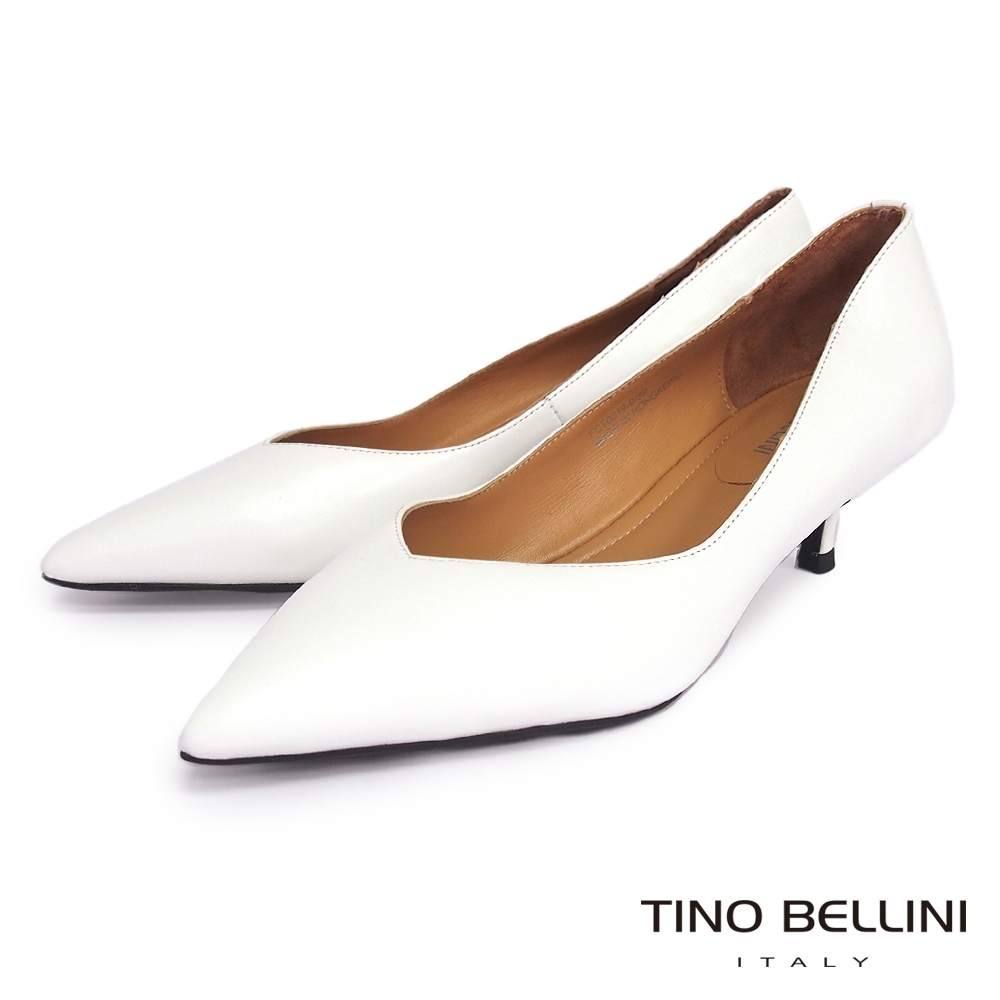 Tino Bellini 全羊皮V型鞋口中低跟鞋_白
