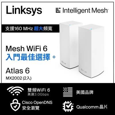 Linksys Velop 雙頻 MX2002 Mesh WiFi6網狀路由器(二入)(AX3000)