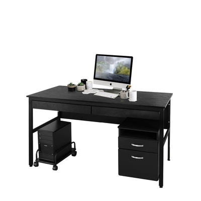 DFhouse巴菲特電腦辦公桌+雙抽屜+主機架+活動櫃黑橡色 150*60*76