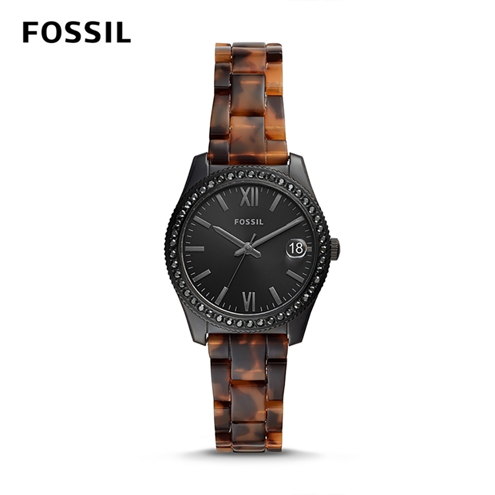 FOSSIL SCARLETTE MINI 鑲鑽琥珀質地女錶-黑色 32MM ES4638