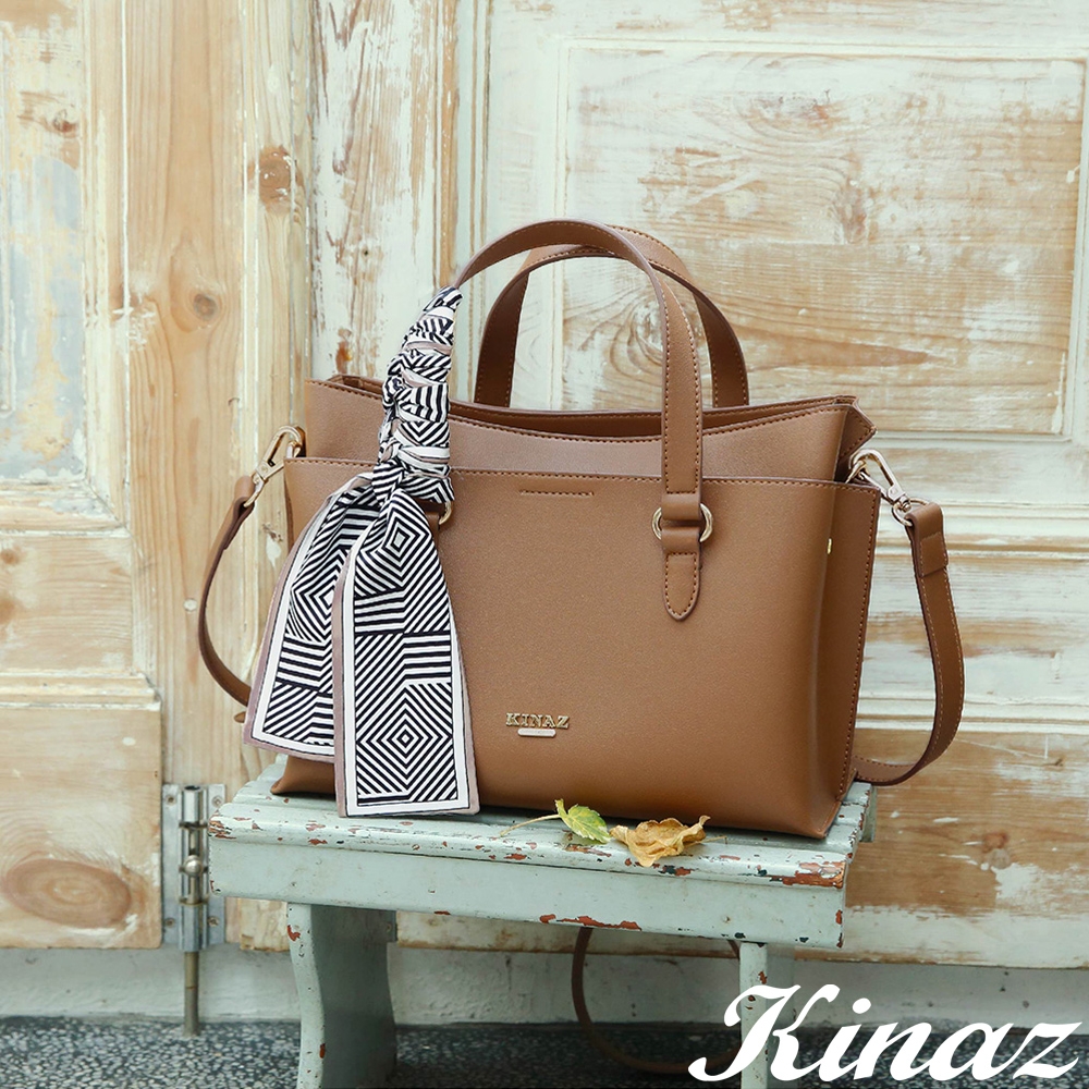 KINAZ 附絲巾船型袋口多層手提斜背包-栗子果-森林系列