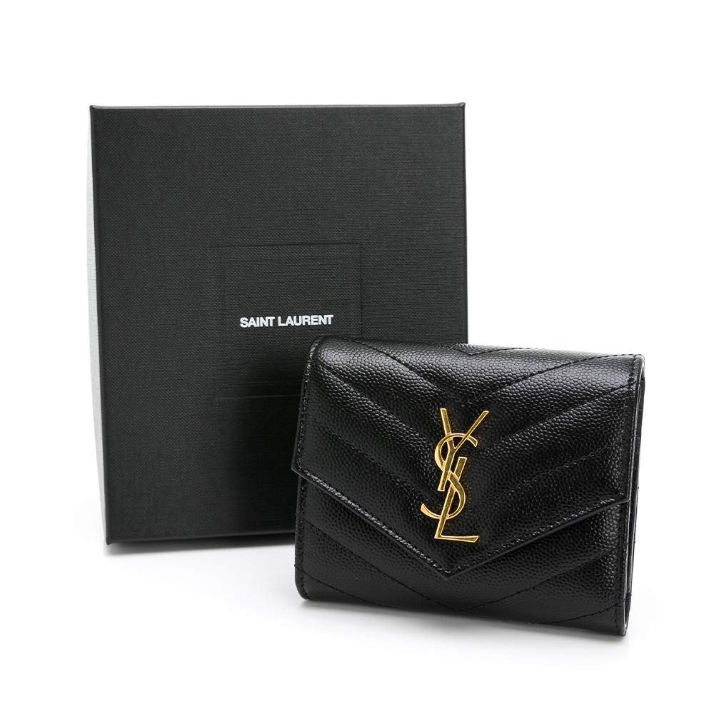 YSL 內釦式零錢袋三折短夾(黑金)