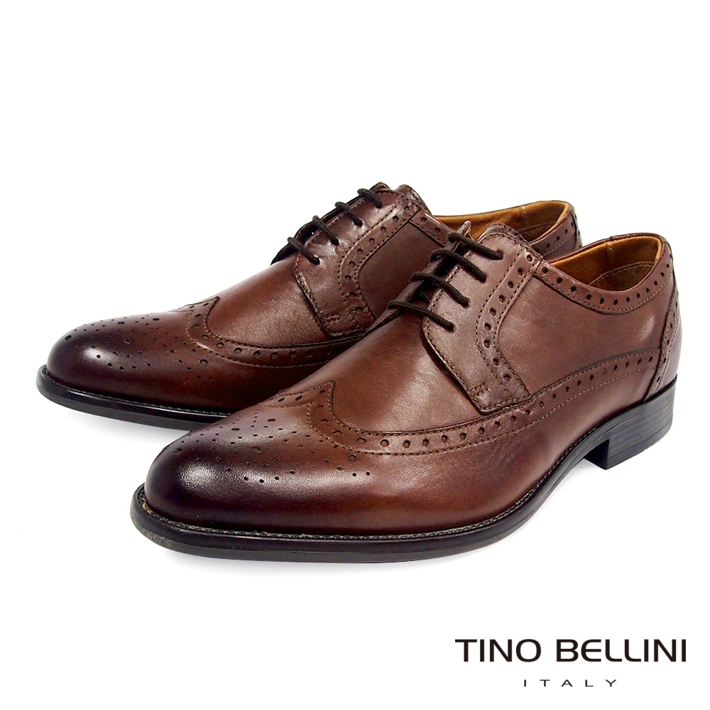 TINO BELLINI 男款 牛皮經典翼紋雕花牛津紳士鞋-咖啡