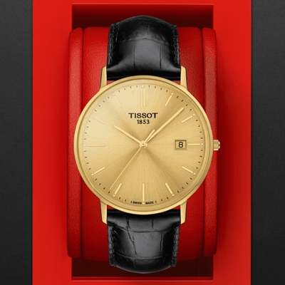 TISSOT天梭 官方授權 GOLDRUN 18K金皮革石英腕錶 母親節 禮物 38mm/T9224101602100