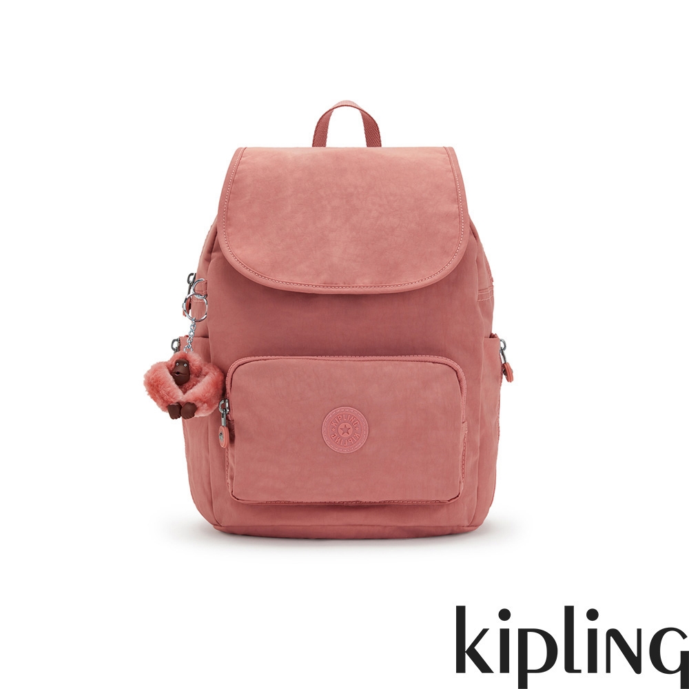 Kipling 霧面浪漫蜜桃粉掀蓋式拉鍊後背包-CAYENNE S