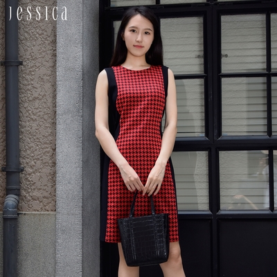 JESSICA - 修身顯瘦千鳥格紋拼色無袖洋裝233379（紅）