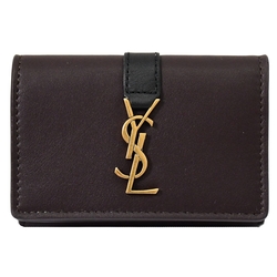 YSL Saint Laurent  金屬LOGO小牛皮三折釦式小短夾(深棕)