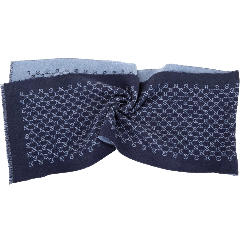 GUCCI 經典雙色緹花織紋純羊毛圍巾(深藍)