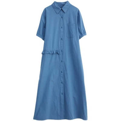米蘭精品 連身裙棉麻洋裝-純色木耳邊寬鬆襯衫裙女裙子3色74cs70