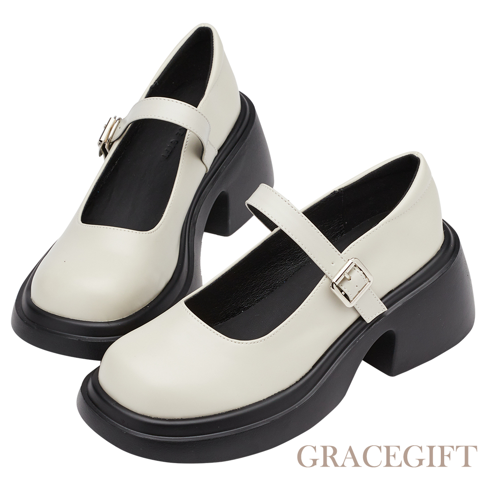 【Grace Gift】百搭圓頭厚底瑪莉珍鞋 米白