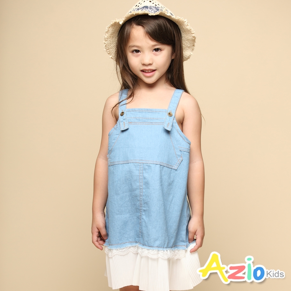 Azio 女童 洋裝 前大口袋牛仔雪紡拼接吊帶洋裝(藍)