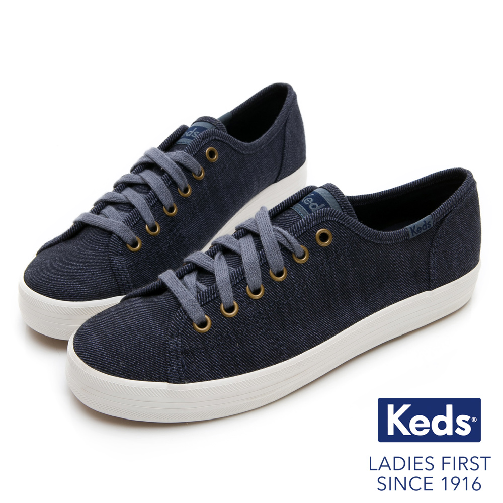 Keds KICKSTART 質感斜紋綁帶休閒鞋-藍