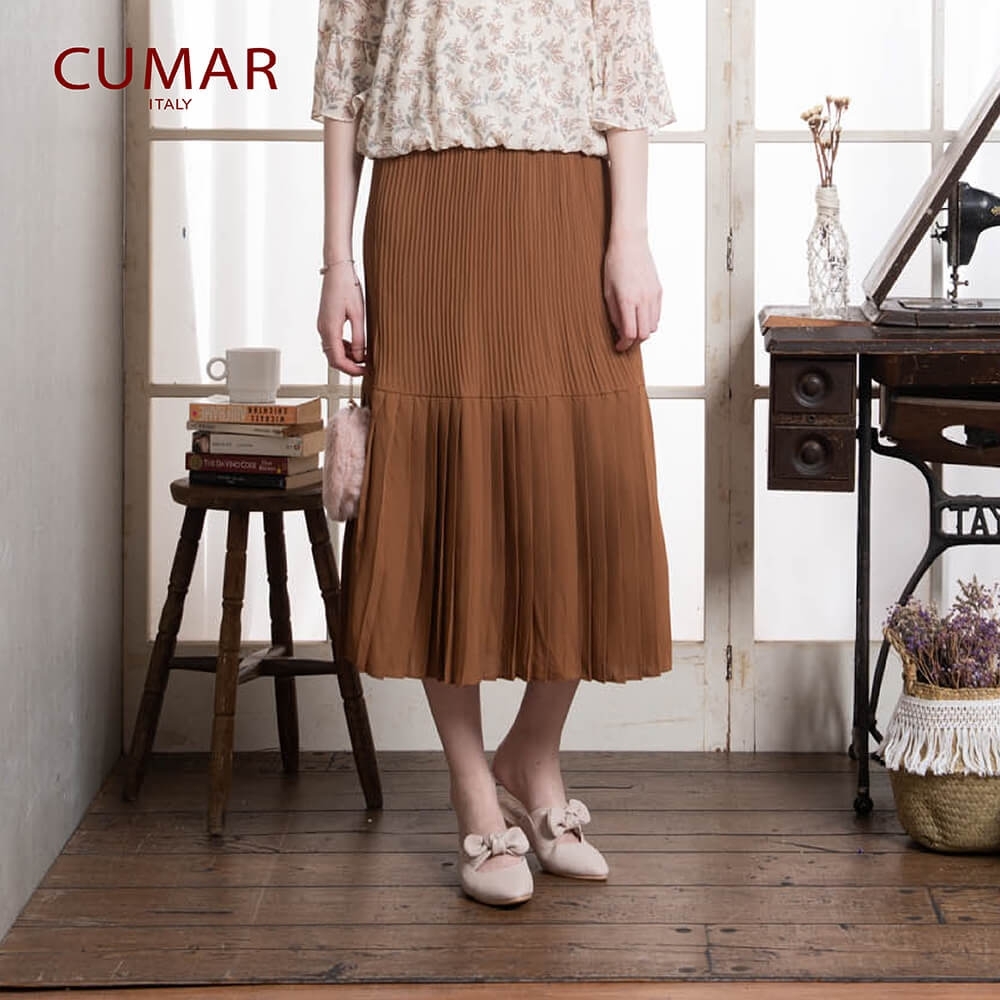 【CUMAR】剪接壓褶女裙-長裙(二色)