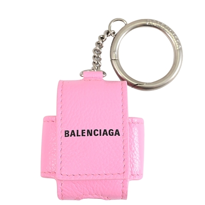 BALENCIAGA Airpod 1&2 品牌燙印LOGO荔枝小牛皮鑰匙圈耳機保護套/收納套(粉)
