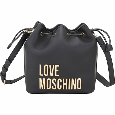 LOVE MOSCHINO 金色字母皮革斜背水桶包(黑色)