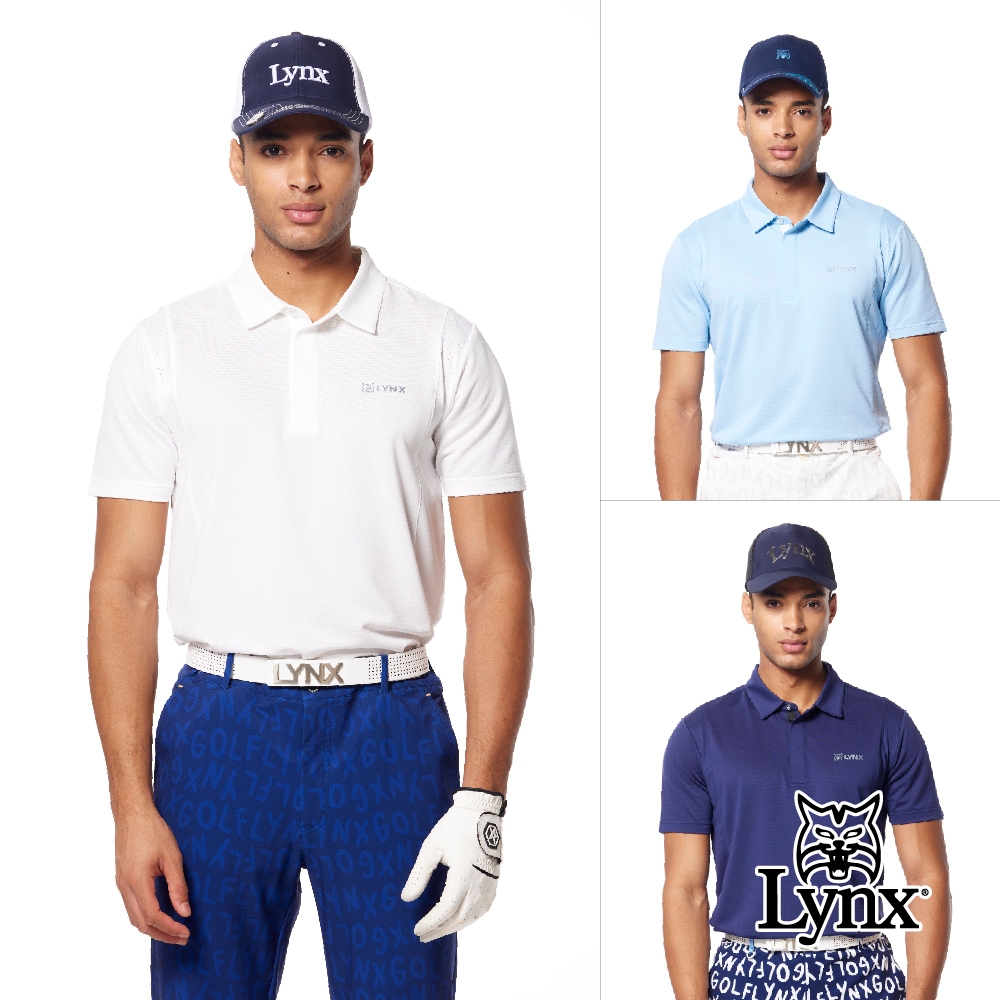 【Lynx Golf】男款合身版吸溼排汗機能透氣舒適異材質剪裁設計貼膜造型短袖POLO衫/高爾夫球衫(三色)