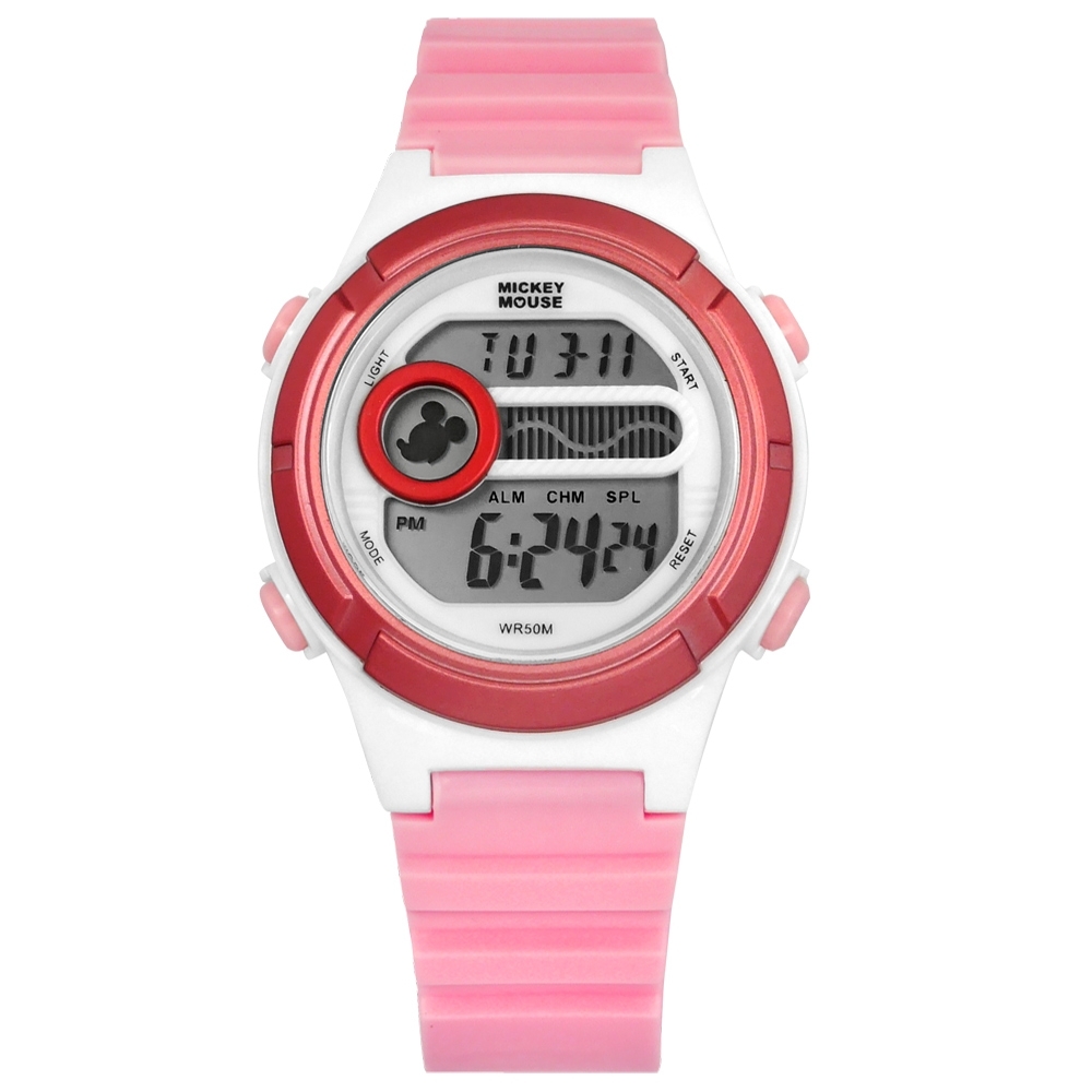 Disney 迪士尼 米奇系列 計時碼錶 鬧鈴 兒童錶 卡通錶 電子 橡膠手錶-粉色/35mm