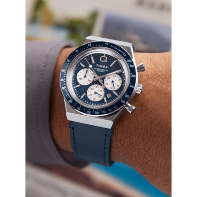 TIMEX  天美時 QTimex  40毫米三眼計時皮革腕錶(藍TXTW2W51700)