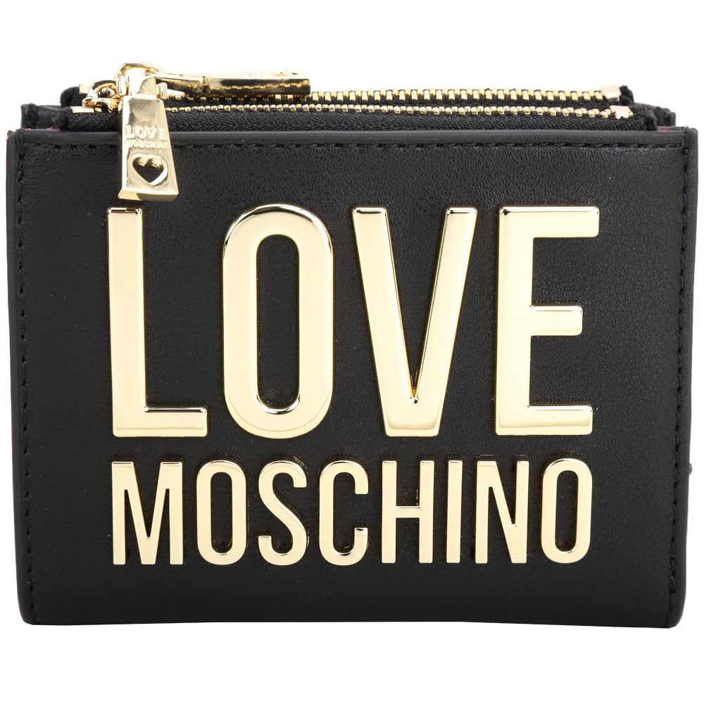 LOVE MOSCHINO 金色字母雙拉鍊袋對折短夾(黑色)