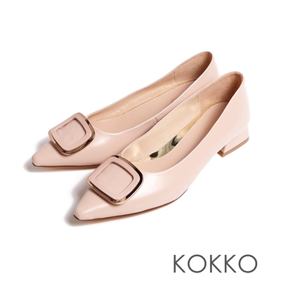 KOKKO異材質方形飾扣典雅尖頭粗跟包鞋裸膚色