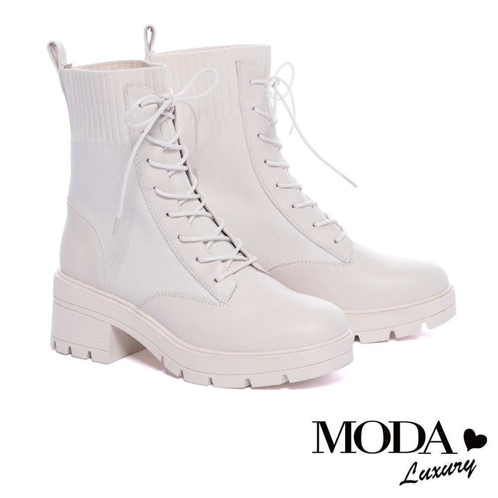 短靴 MODA Luxury 率性異材質拼接粗高跟短靴－白