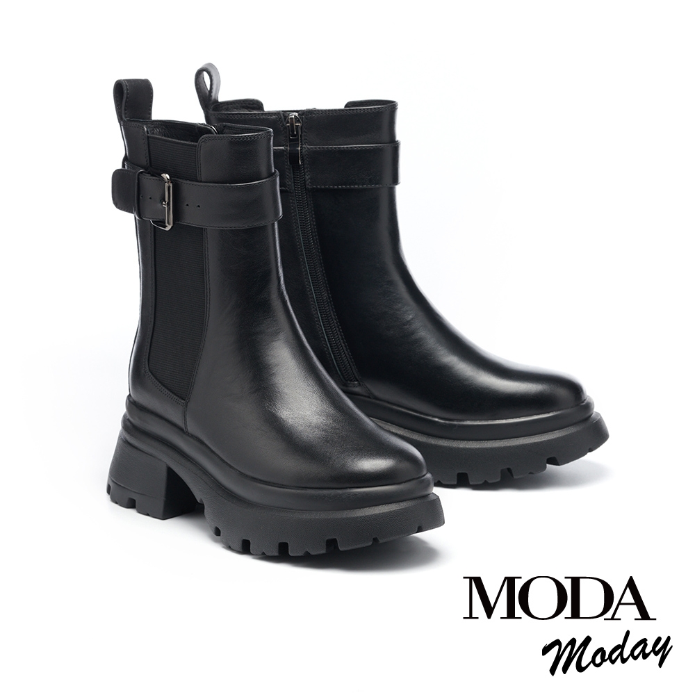 短靴 MODA MODAY 率性復古方釦帶牛皮切爾西厚底短靴－黑