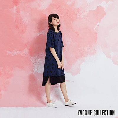 YVONNE 圓點拼接短袖洋裝-深藍