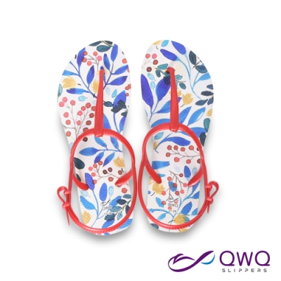 QWQ繪圖綁帶T字涼鞋-腳型修長款休閒涼鞋-Flora熱情巴西紅-白(GABC00112)