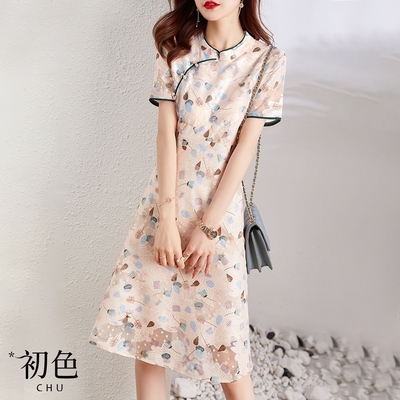 初色 中式旗袍風立領蕾絲印花短袖連身洋裝連身裙-橘粉色-33649(M-2XL可選)