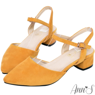 Ann’S砰然約會-夢幻細絨繫帶側V顯瘦粗跟尖頭鞋-黃