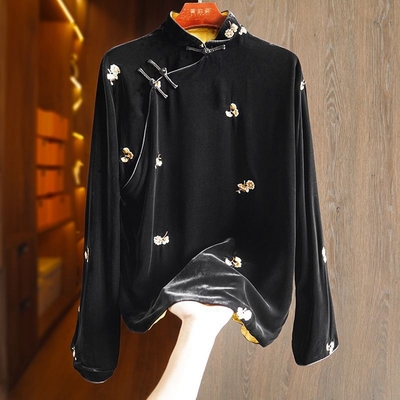 【Paiya 派亞】黑色高級感國潮風刺繡絲絨襯衫女長袖高端女裝新中式金絲絨上衣(M-3XL)