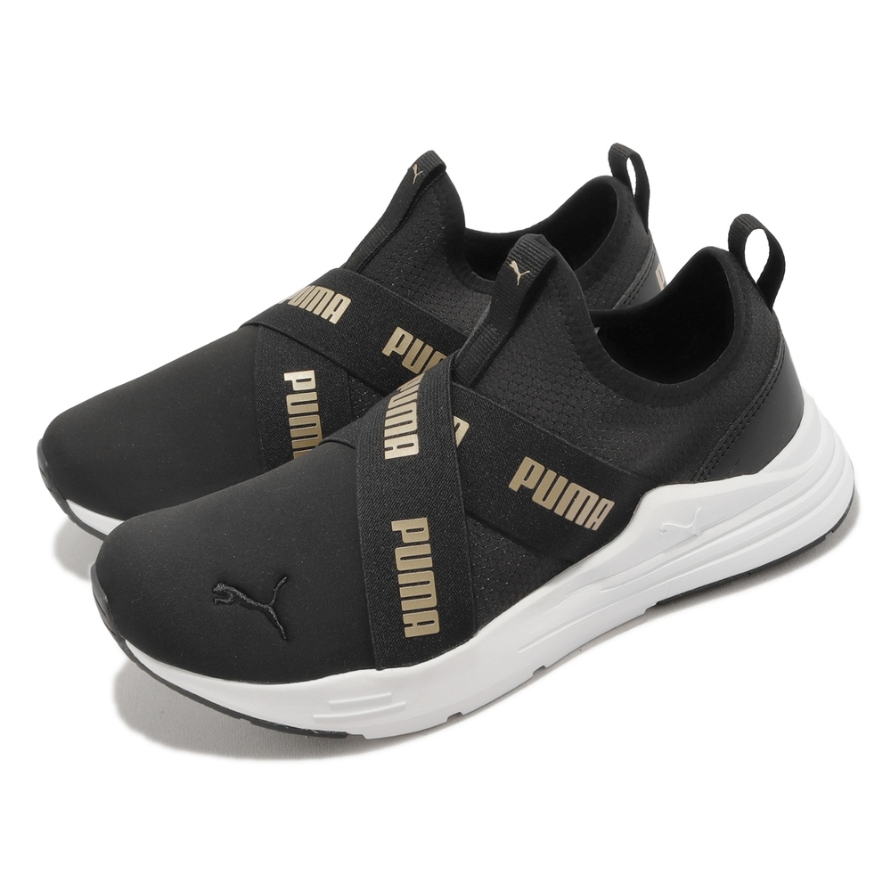 Puma 慢跑鞋 Wired Run Slipon Metallic 女鞋 黑 金 襪套式 無鞋帶 運動鞋 38928101