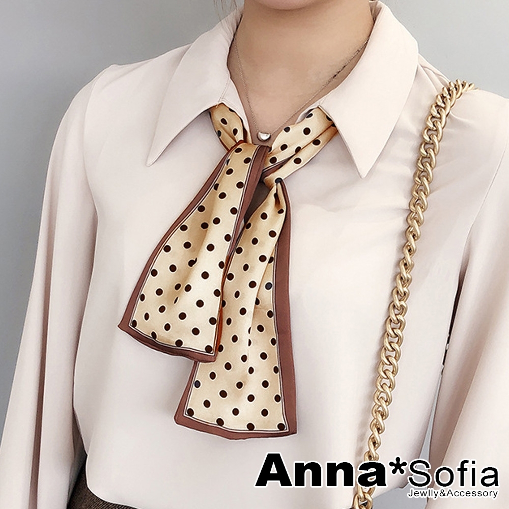 AnnaSofia 點點框邊 窄版緞面仿絲領巾絲巾圍巾(米黃咖系)