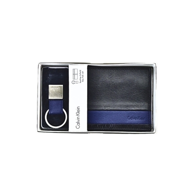 Calvin Klein質感藍黑拼接真皮短夾+鑰匙圈禮盒組 (展示品)