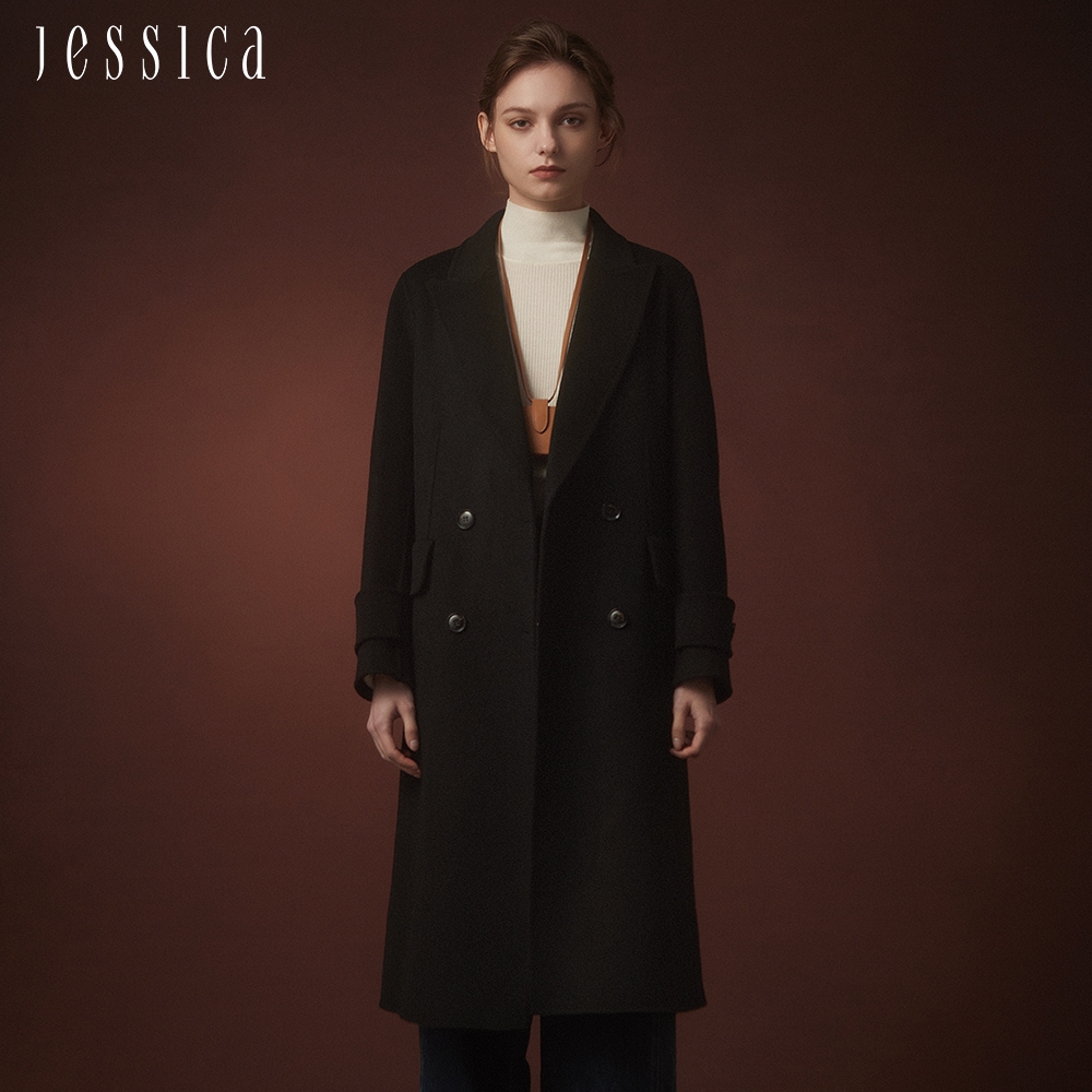 JESSICA - 氣質修身保暖顯瘦翻領羊毛大衣外套J35C01（黑）