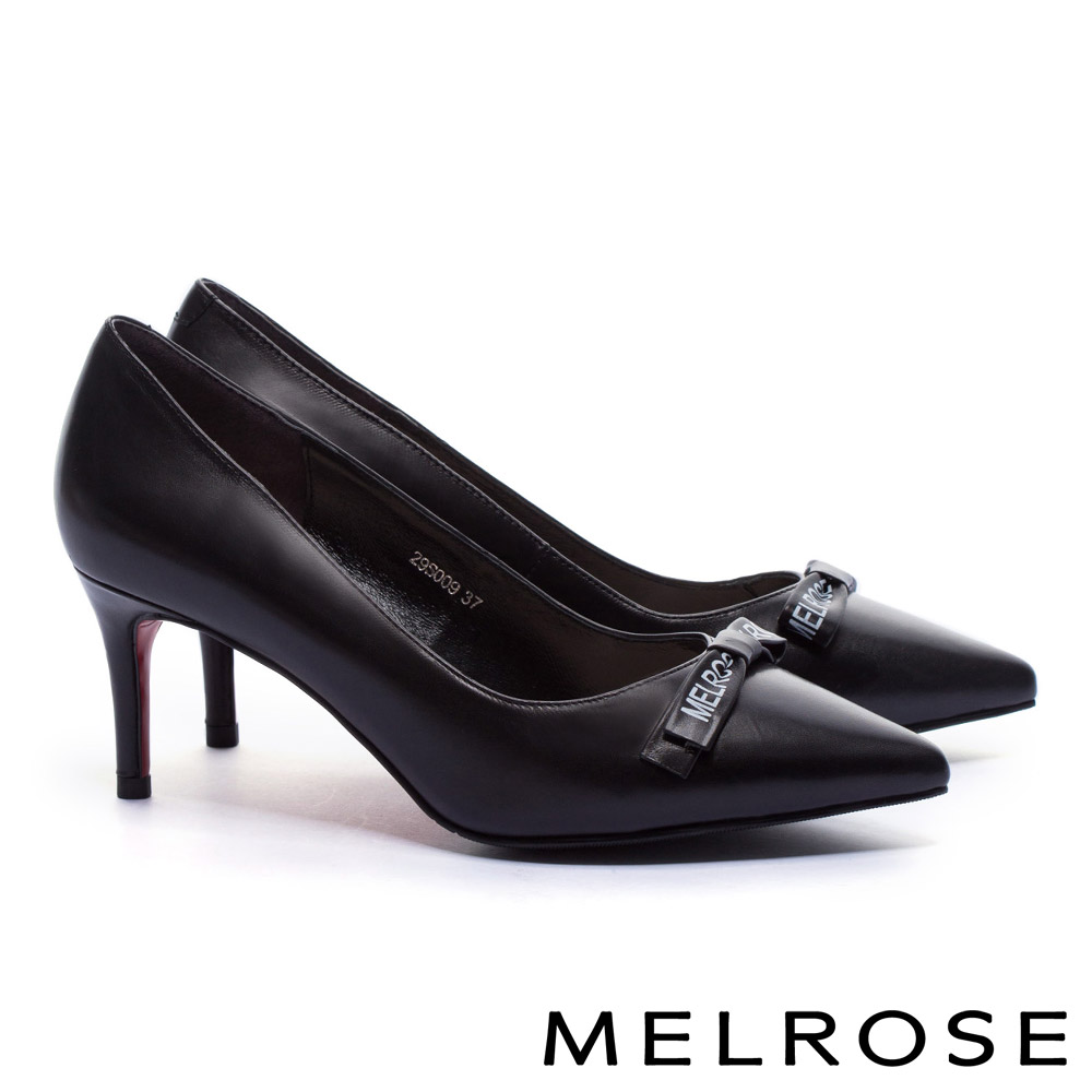 高跟鞋 MELROSE 經典 Logo 蝴蝶結素面牛皮尖頭高跟鞋－黑