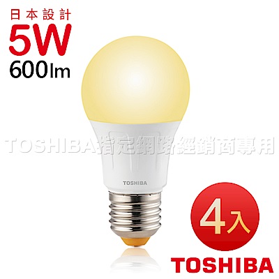 TOSHIBA東芝 5W廣角型LED燈泡/高效球泡燈-黃光4入