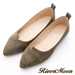 River&Moon素雅百搭-細絨造型剪裁尖頭鞋-綠