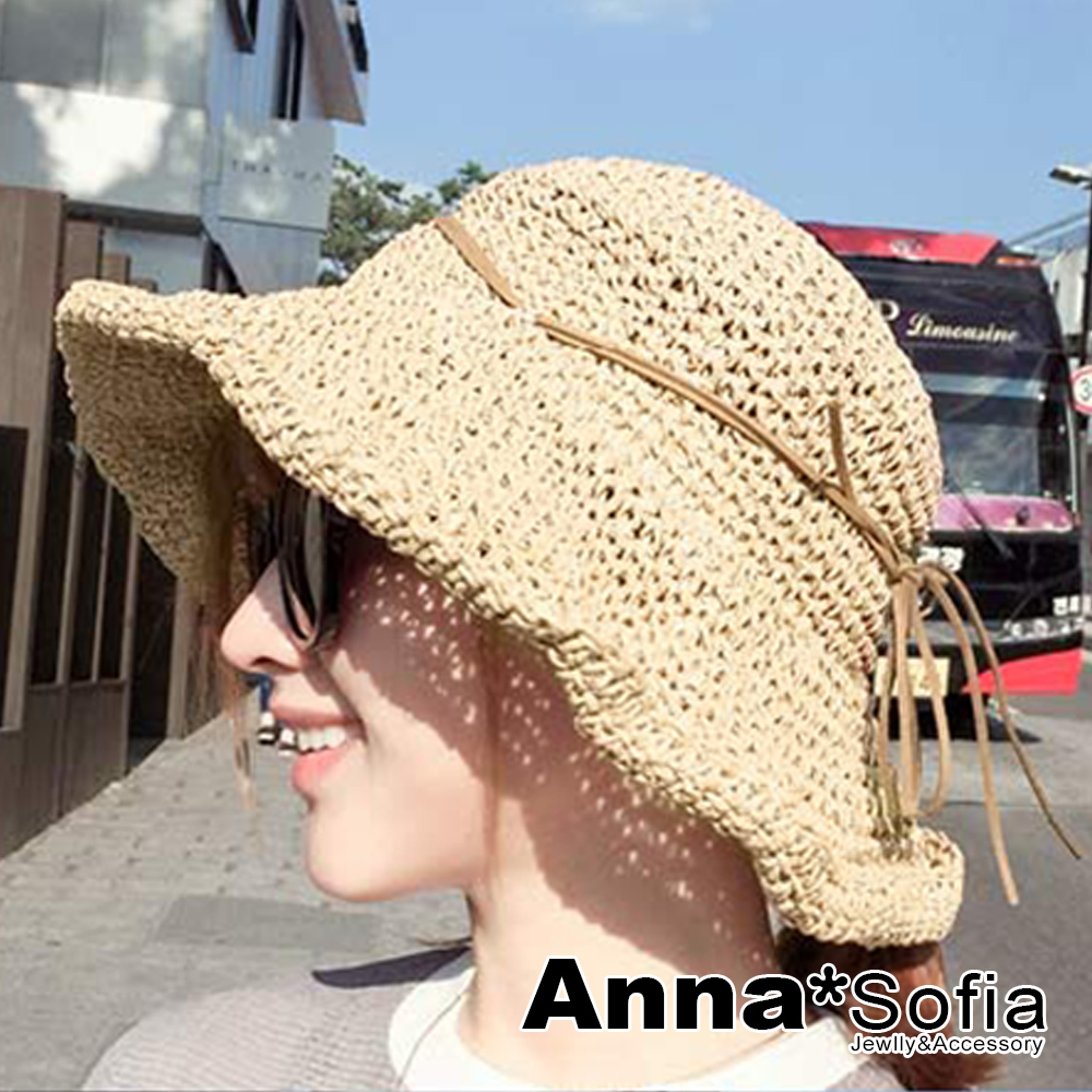 AnnaSofia 捲邊雙麂繩綁結 寬簷防曬遮陽草帽漁夫帽(米杏系)