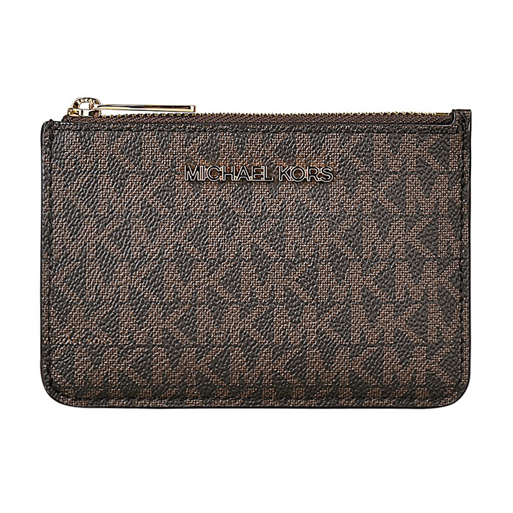 MK MICHAEL KORS JET SET 銀字LOGO滿版字母印花PVC 3卡拉鍊鑰匙零錢包(棕)