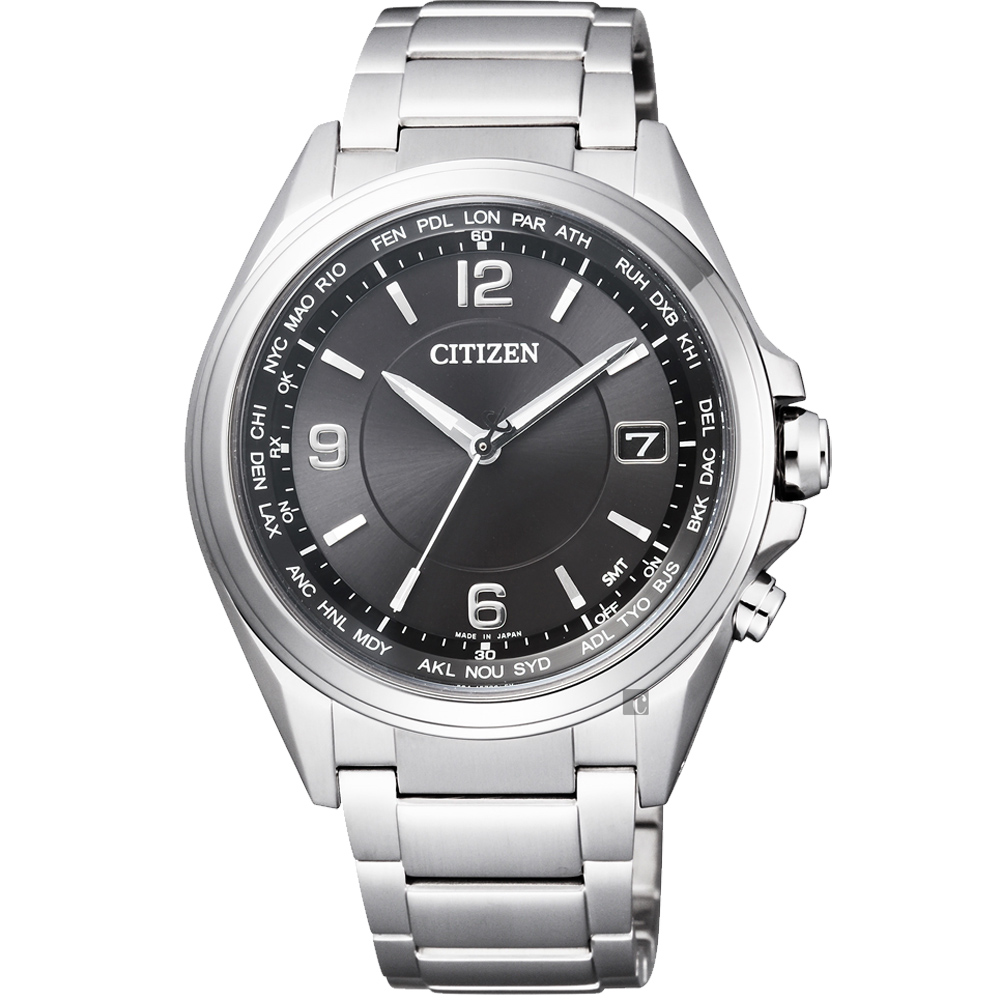 CITIZEN 星辰 鈦 光動能電波萬年曆腕錶-銀/40mm(CB1070-56F)