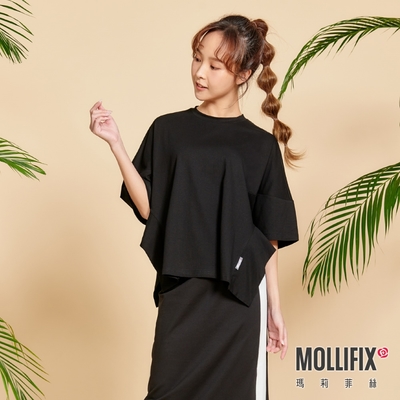 Mollifix 瑪莉菲絲 寬版不規則下擺短袖上衣 (黑) 暢貨出清、瑜珈服、背心、T恤